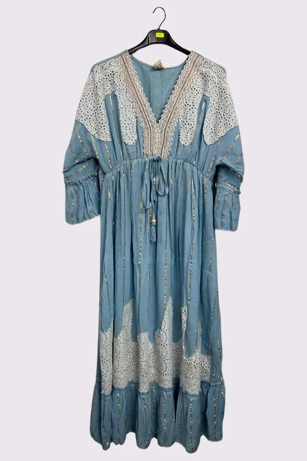 Cherish Gold Stripe Cut Out Patch Pattern Maxi Long Sleeve Boho Style Sky Blue Dress One Size 10-18