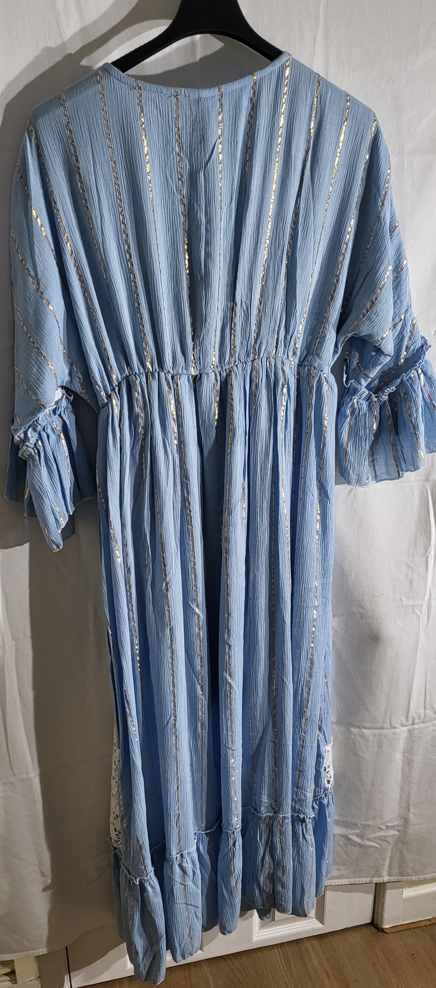 Cherish Gold Stripe Cut Out Patch Pattern Maxi Long Sleeve Boho Style Sky Blue Dress One Size 10-18