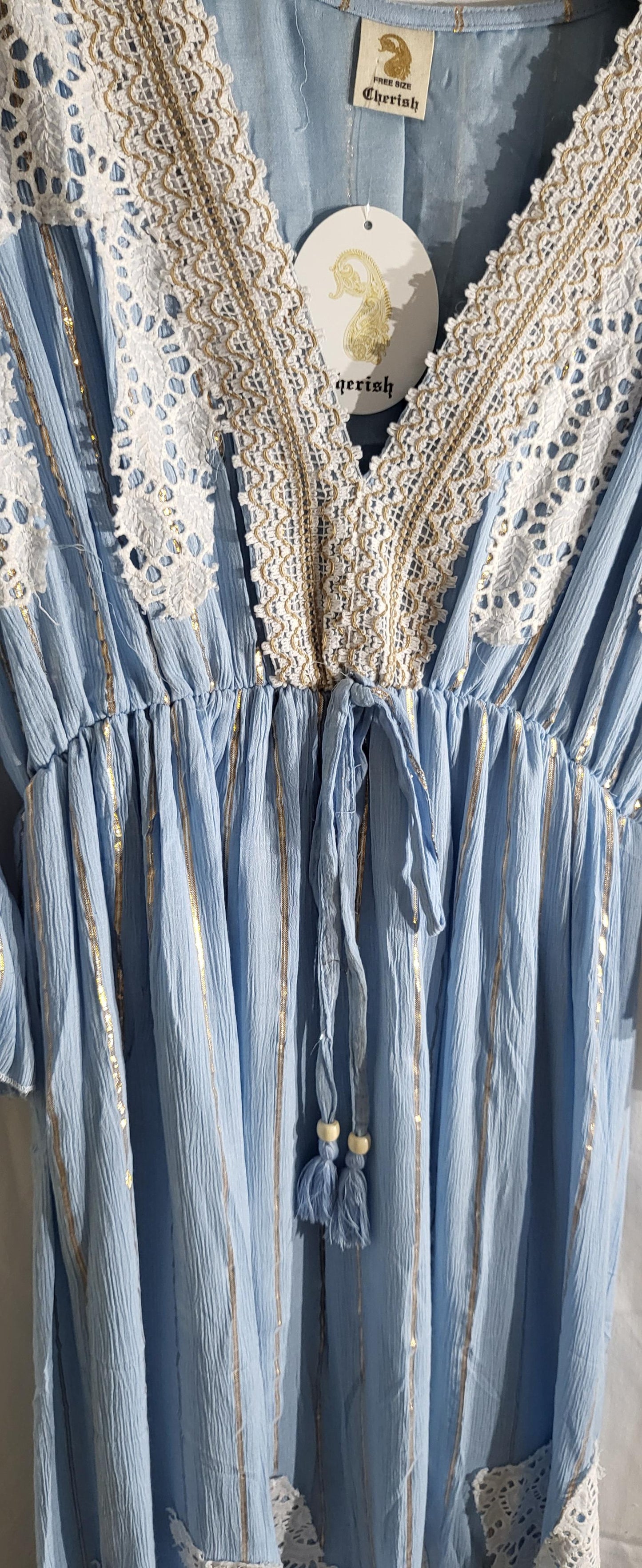 Cherish Gold Stripe Cut Out Patch Pattern Maxi Long Sleeve Boho Style Sky Blue Dress One Size 10-18