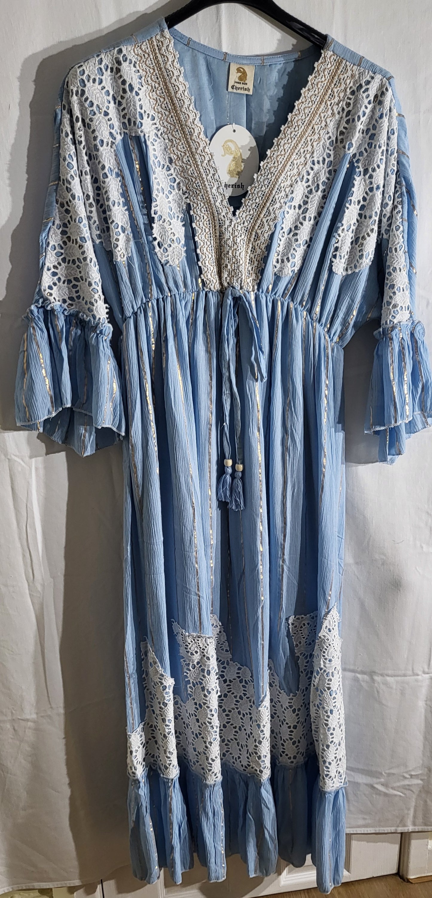 Cherish Gold Stripe Cut Out Patch Pattern Maxi Long Sleeve Boho Style Sky Blue Dress One Size 10-18