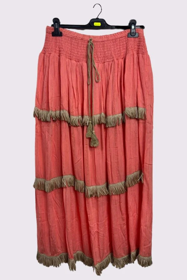 Cherish Shiny Stripe Pattern Tiered Tassel Maxi Coral Skirt One Size 12-18
